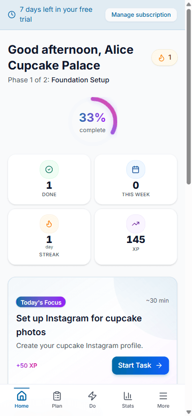 GrowthMap on mobile — your marketing roadmap, daily quests, streak, and XP