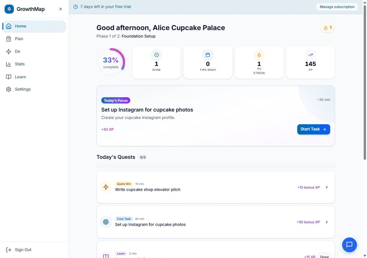 GrowthMap dashboard showing today’s focus, progress and three daily marketing quests