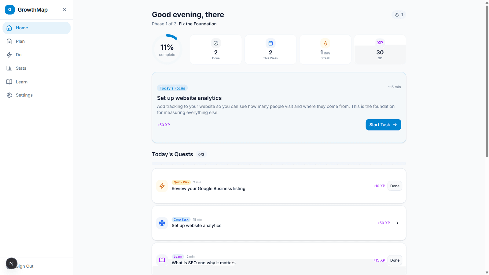 GrowthMap dashboard showing one focused task, daily quests and progress